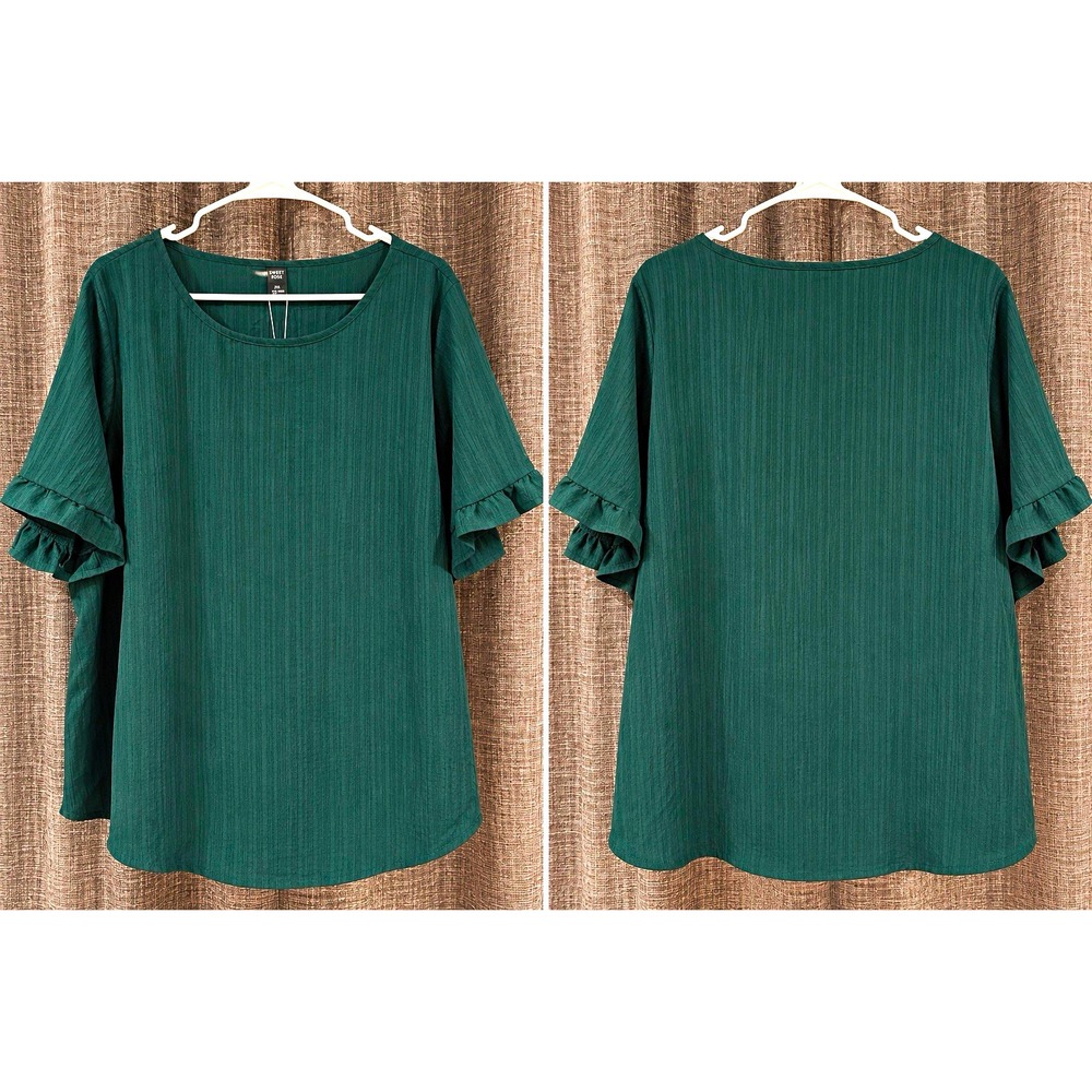 Emery Rose Women's Green Knit Blouse Ruffle Short Sleeve Round Neck 2XL
